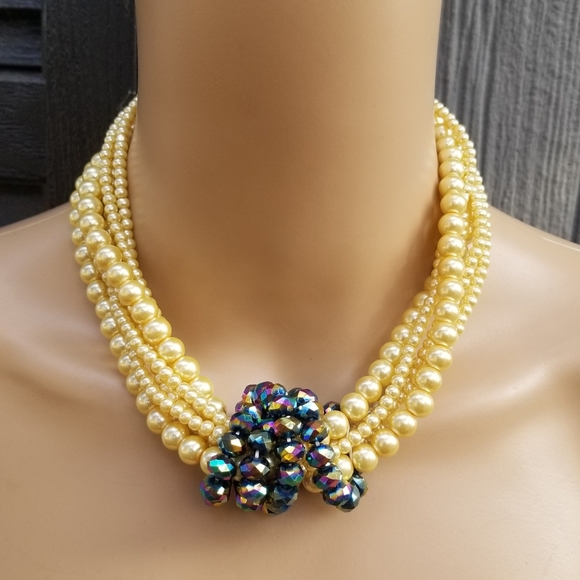 VINTAGE 1950s CREAM FAUX PEARL & CARNIVAL GLASS BEAD STATEMENT NECKLACE - Picture 1 of 7
